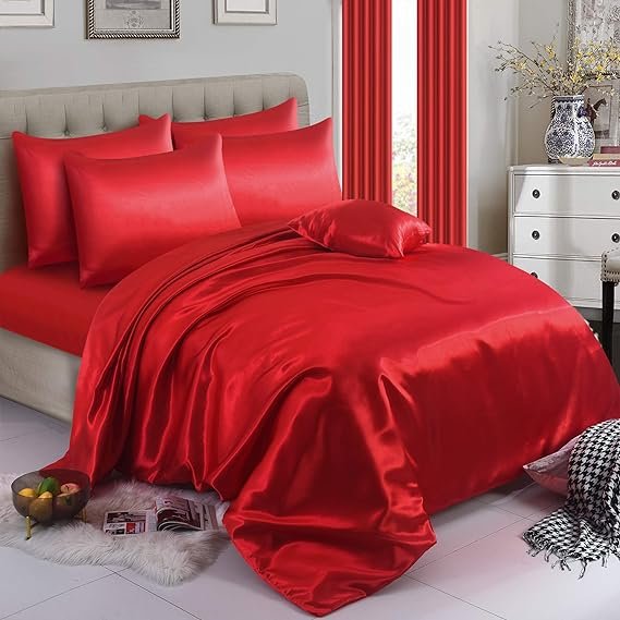 4 Pcs Satin Silk Bed Set- Red - Image 4